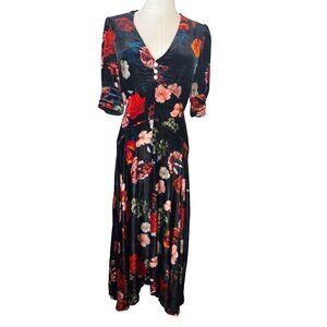 NWT Cara Cara 4 Floral Velvet Midi Dress Rhinestone Buttons V-Neck Puff Sleeves